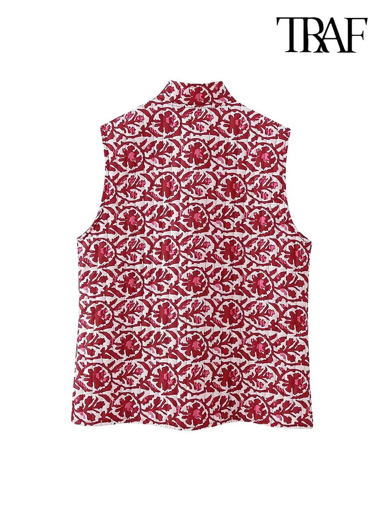 TRAF Women Fashion Vintage Ethnic Totem Print Vest Reversible Quilted Jacket Half High Neck Casual Waist Cinching Tank Top