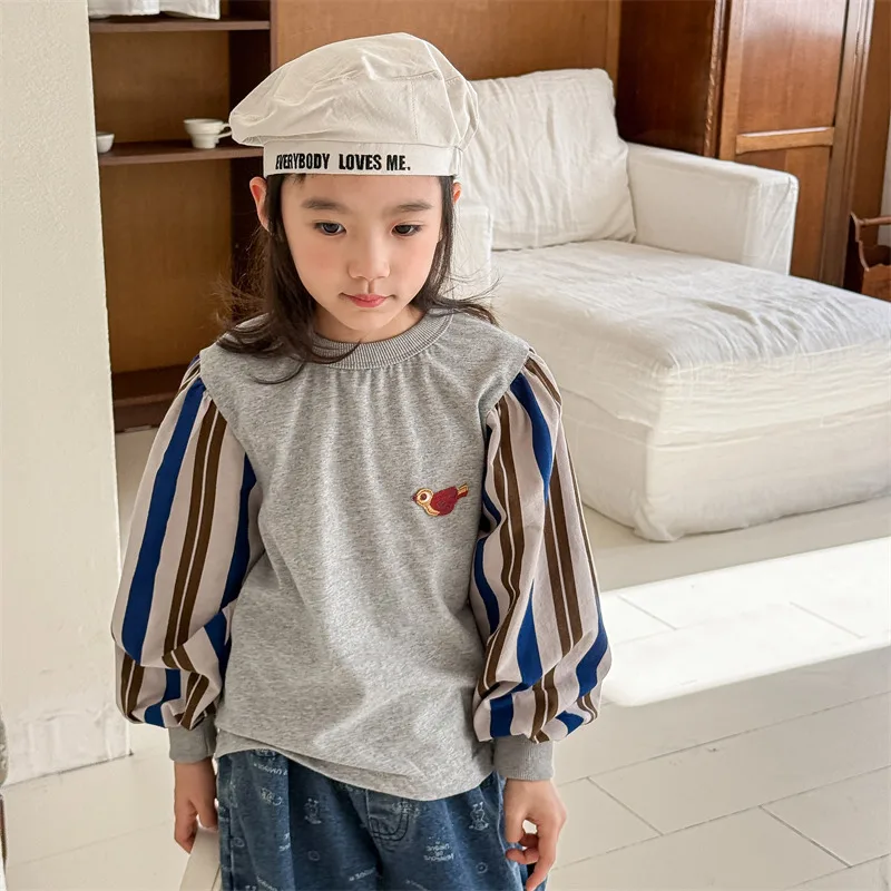 

2025 Spring New Children Long Sleeve T Shirts Cotton Girls Splicing Bottoming Shirts Boys Loose Casual Tops Kids Sweatshirts