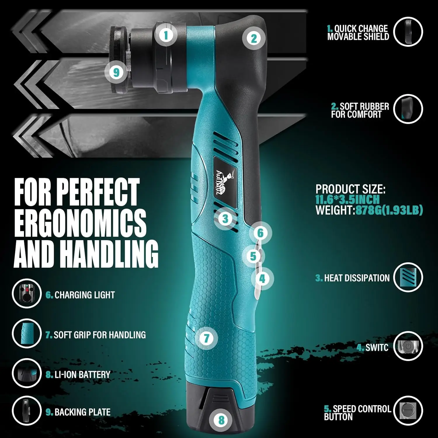 ملمع سيارة CordlMini، مداري ودوار 1/3 بوصة 12 مم، 6 سرعات، بطارية 2 × 2000 مللي أمبير في الساعة، طقم 1 #5