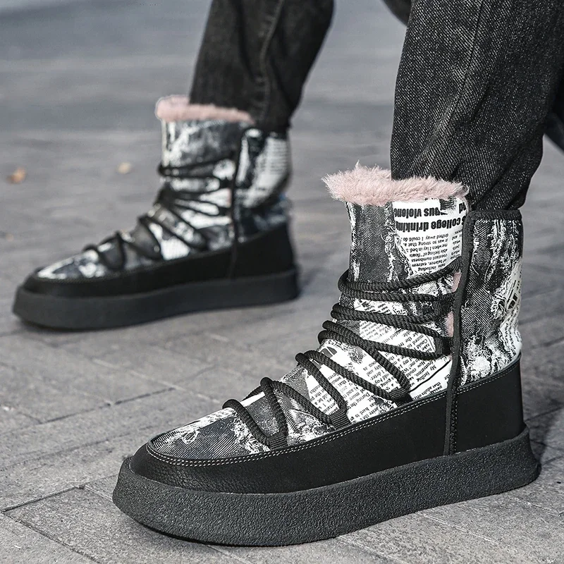 Botas de tobillo negras y blancas, de forro suave, para invierno, botas de nieve a la moda, zapatos de algodón cálidos, con suela gruesa, botas de nieve impermeables para hombre y mujer.