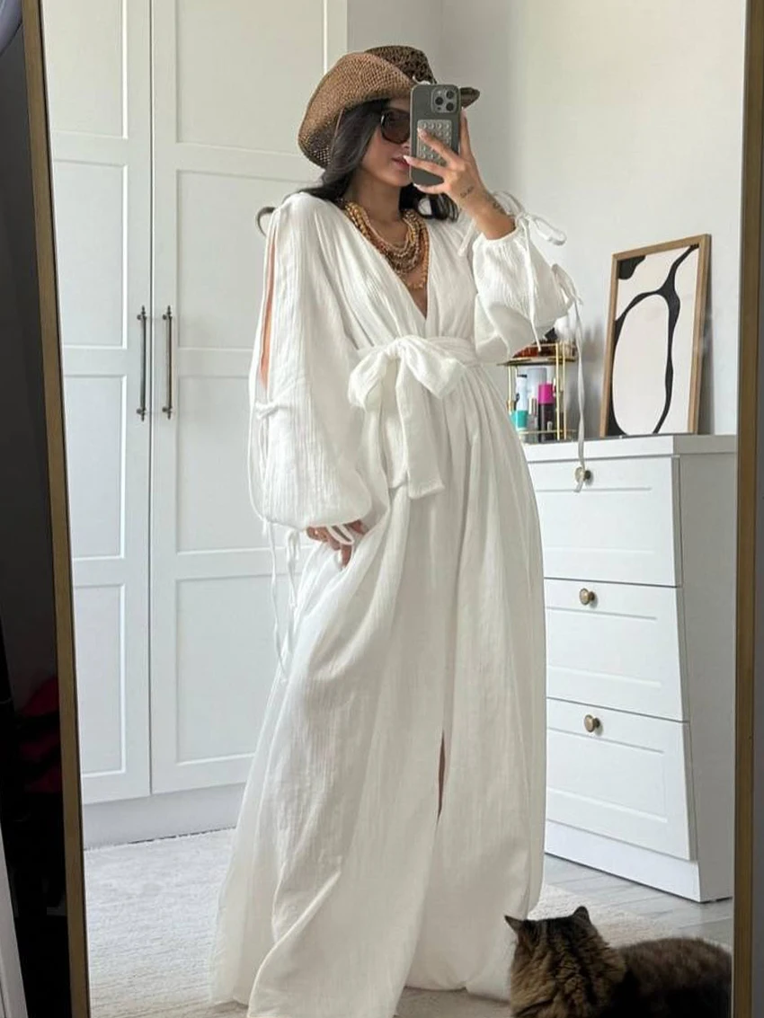 

Marthaqiqi зимняя женская ночная рубашка с длинным рукавом, пижама, сексуальная ночная рубашка с v-образным вырезом, одежда для сна на шнуровке, платье до щиколотки, повседневные ночные рубашки