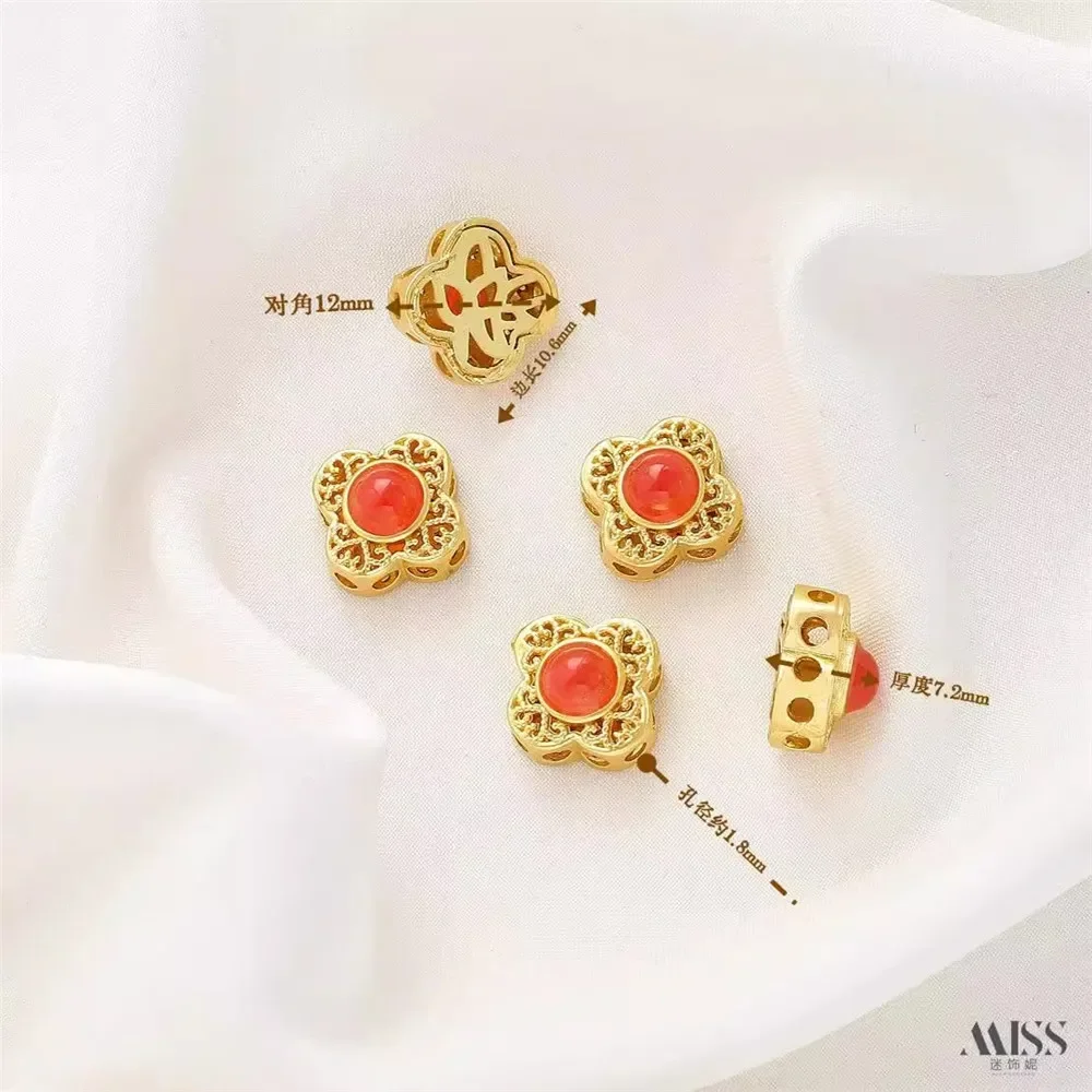 Matte Gold Inlaid Round Aquamarine Tourmaline Strawberry Crystal Red Pattern Stone Fancy Hollow Bead Diy Loose Bead Accessories
