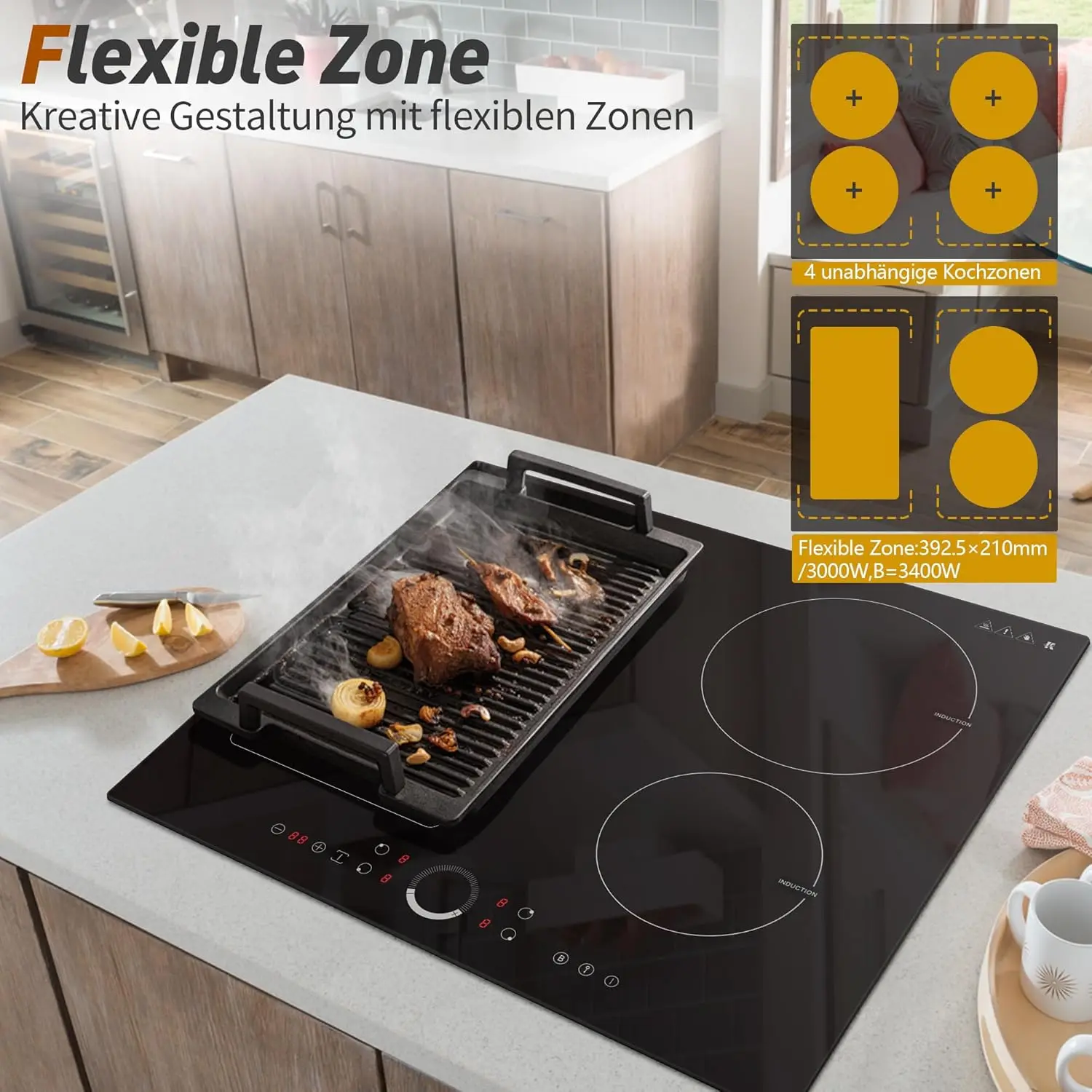 موقد كارينير التعريفي 4 مناطق مع منطقة مرنة، مدمج 60 سم بدون قابس، تحكم دائري، معزز، مؤقت، 220 فولت - 240 فولت، 7200 وات #6