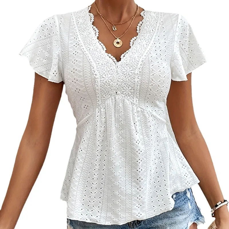 Fashion Lace See-through V-neck Short Sleeve Blouse Women 2024 Casual Spring Summer Stretch Shirts Ladies Tops Mujer Elegant