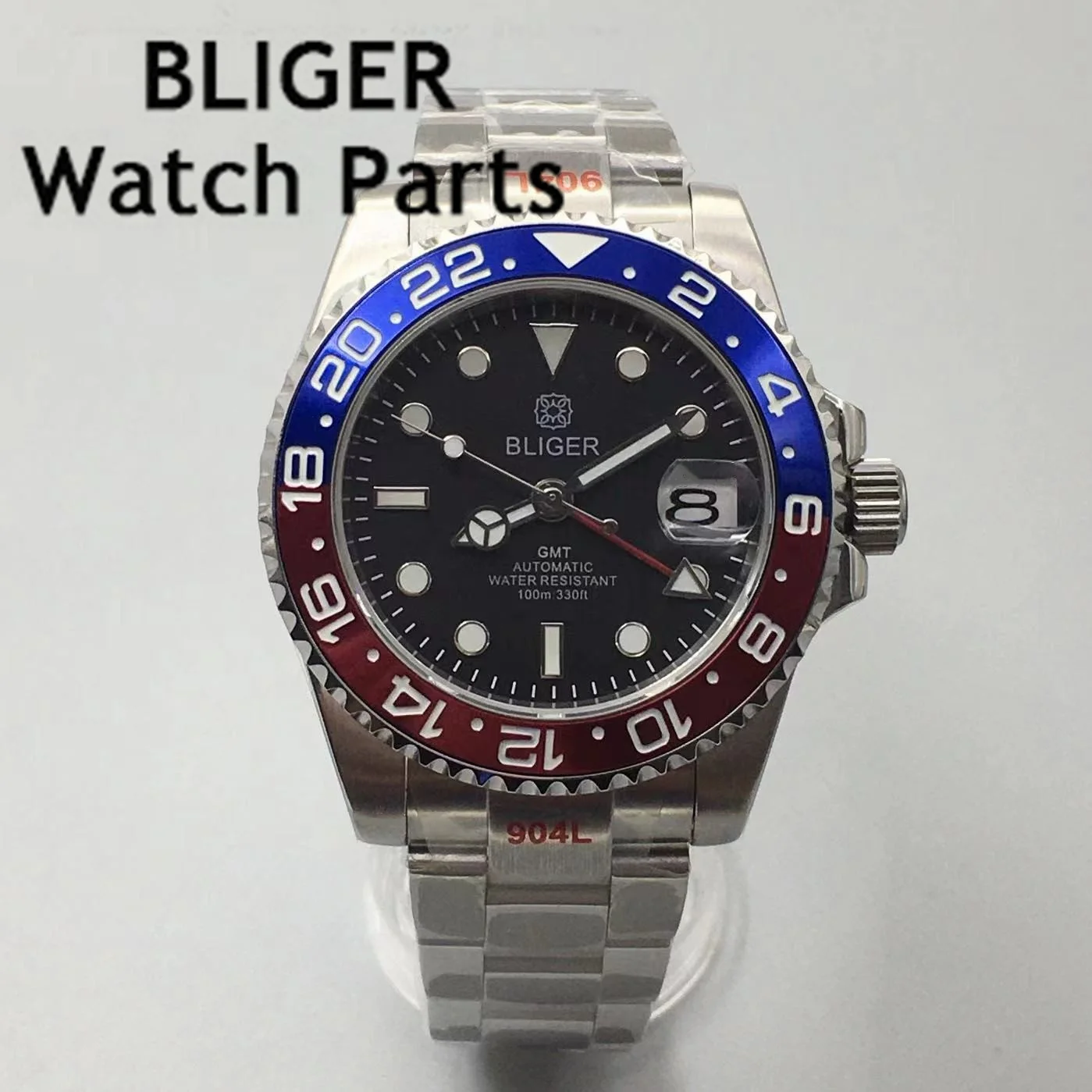 BLIGER NH34A Waterproof 40mm Black Dial Orange NH34 GMT Automatic Watch Men Jubilee Bracelet Ceramics Bezel