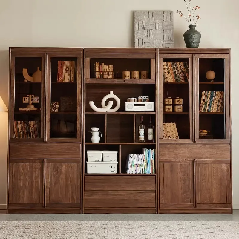 Black walnut wood bookcase, floor-standing display cabinet, home study all-solid wood bookshelf and bookcase combination