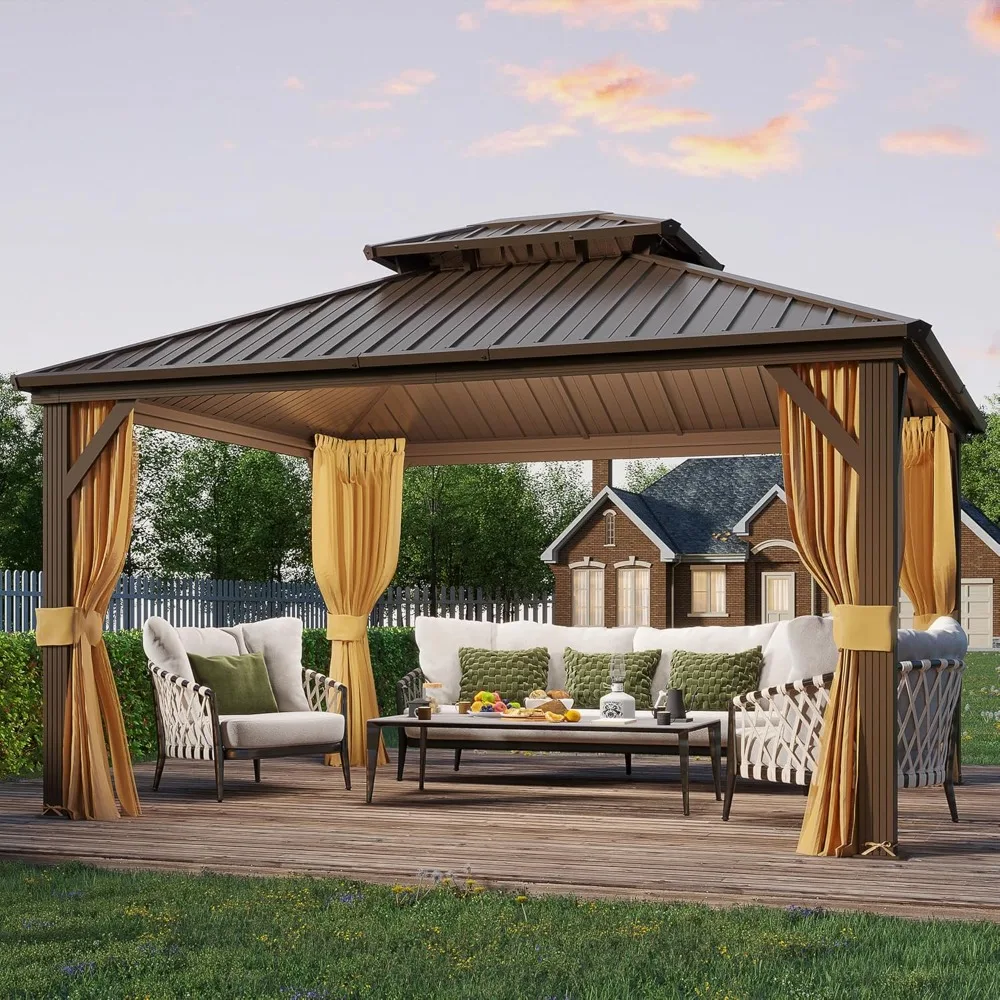 gazebo.10' x 12' Hardtop Gazebo, Metal Gazebo with Aluminum Frame, Double Galvanized Steel Roof, Curtains and Netting Included