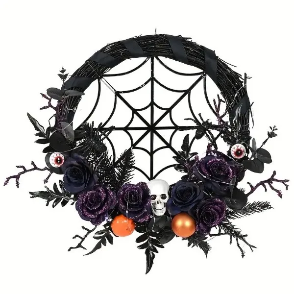 1pc, Prelit Halloween Skull Wreath For Front Door Decor, 20 LED Purple Lights Battery Operated Skeleton view 2