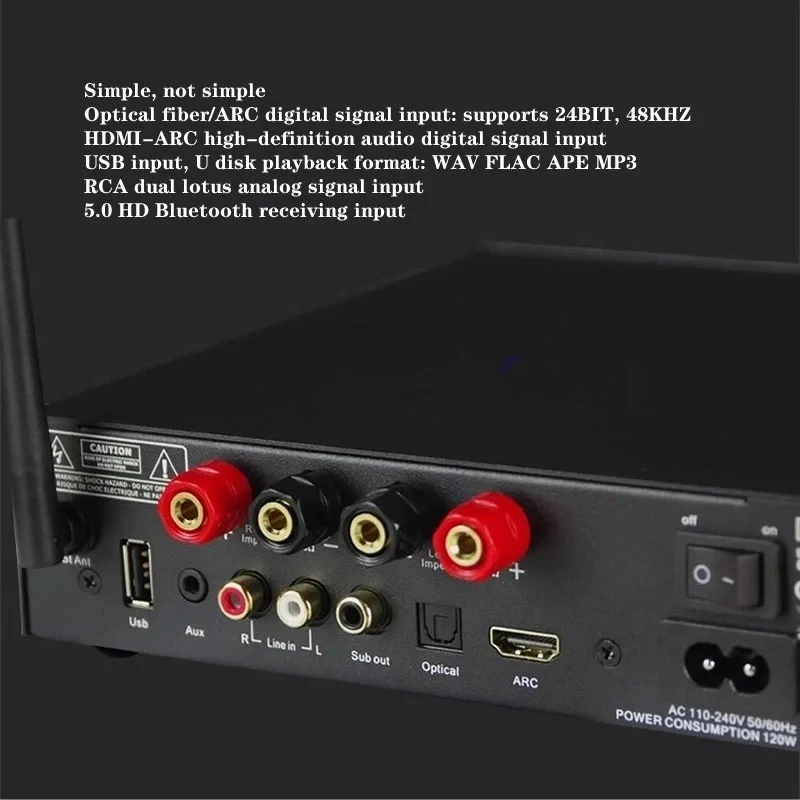 High-fidelity digital Class D amplifier 2*50W, 2.0 stereo, Bluetooth, USB, optical fiber, ARC/HDMI subwoofer output and AUX