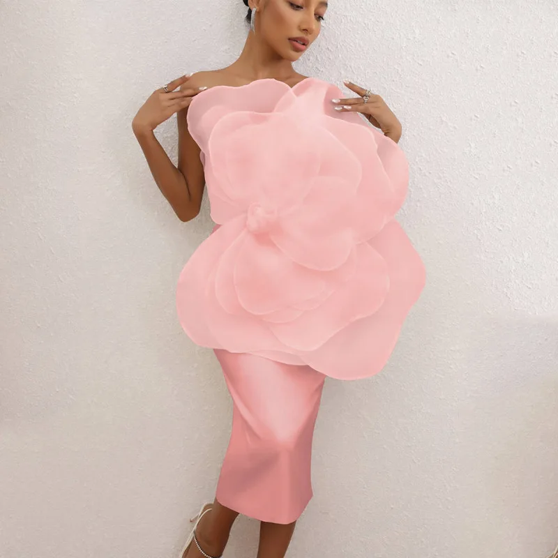 

High-end sexy decorative flower fashion slanted shoulder big flower party dress medium and long simple temperament elegant versa