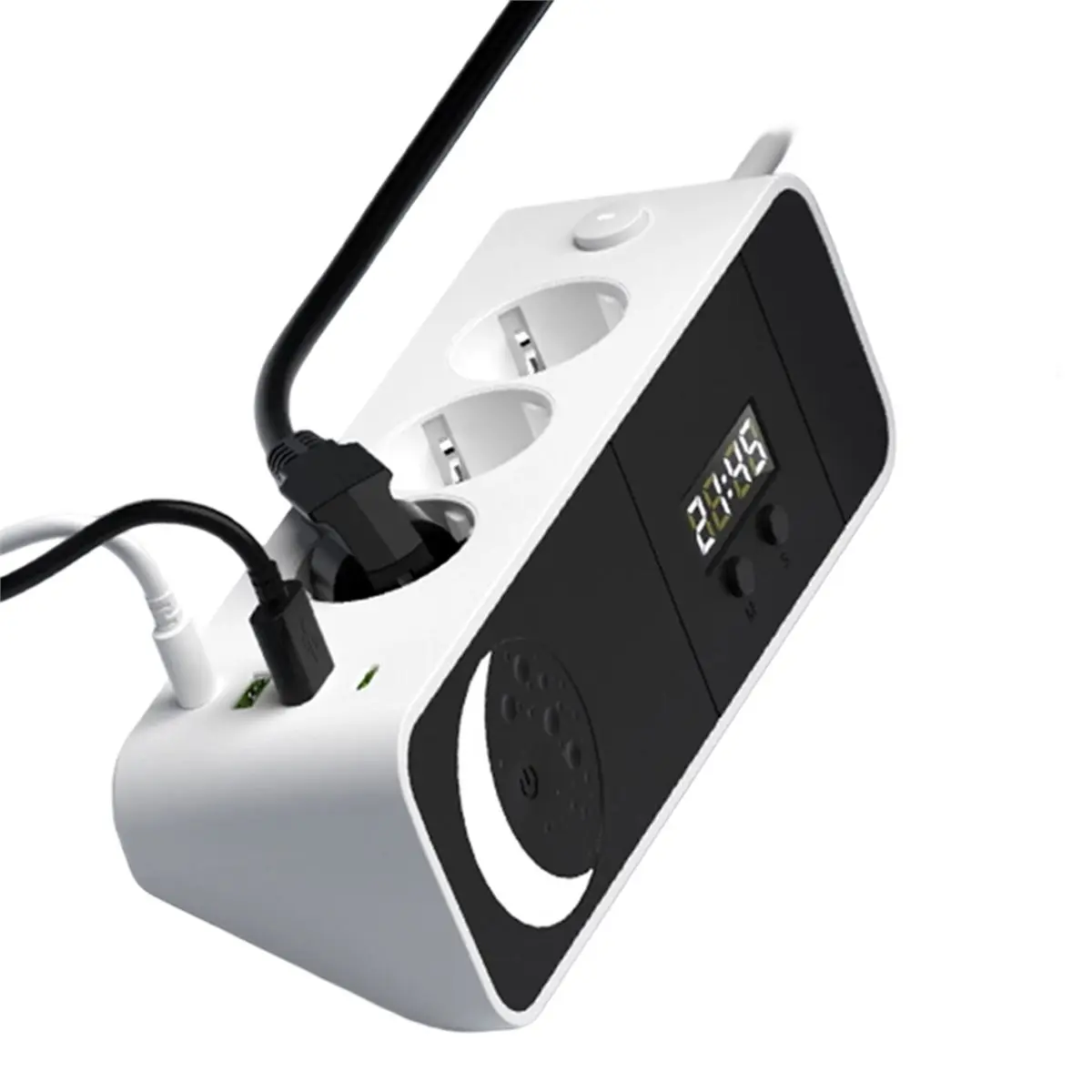 A32I 7 in 1 Desktop Corner Power Strip 2 Meter Extension Cord Power Socket with Small Night Light and Clock-EU Plug