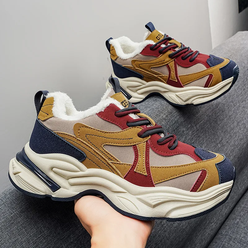 2026 Men's Winter Retro Trend with Thickened Velvet and Increased Height Thick Bottom Casual Versatile Daily Sports Dad Shoes