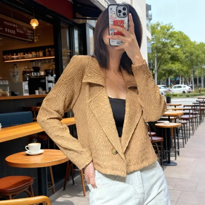 

Женская плиссированная куртка Miyake, осень-зима 2021, плиссированная куртка с вышивкой для пожилых людей, жаккардовая универсальная блузка с лацканами