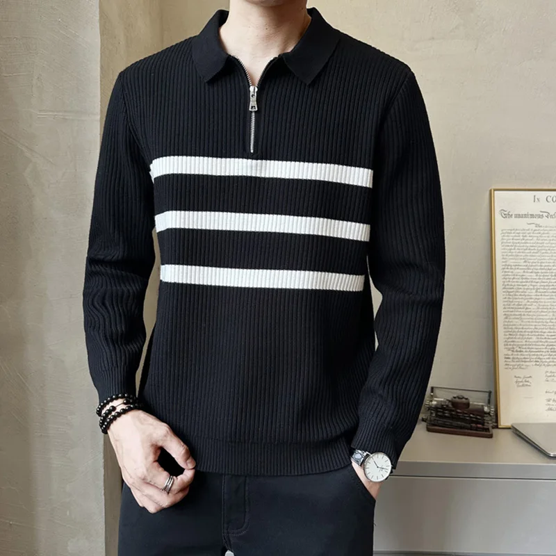 

Fashion Mens Sweater Polos Daily Casual Striped Contrast Color Knitting Jumpers Men Fall Winter Daily Leisure Knit Polo Sweaters