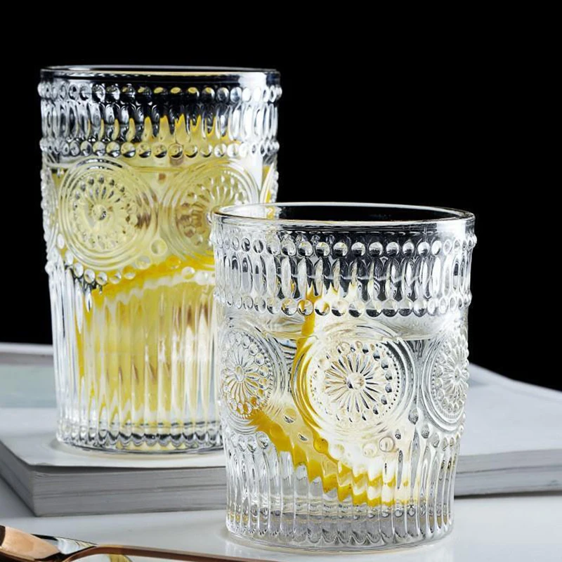 

4pcs/2pcs/1pcs Nordic Style Sunflower Water Cup 300ml/350ml Retro Relief Glass Cup French Cold Drink Cups Transparent Juice Cup