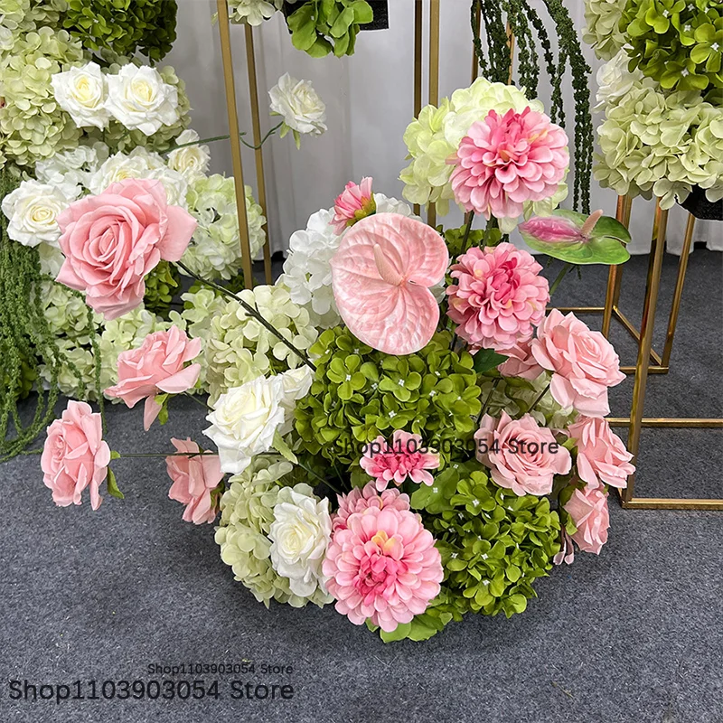Rosa-grünes künstliches Blumenarrangement, luxuriöse Hochzeitsdekoration für den Gang, Säulen-Blumendeko, Hotel-Bankett, europäisches Tischblumen-Centerpiece – Detail 5