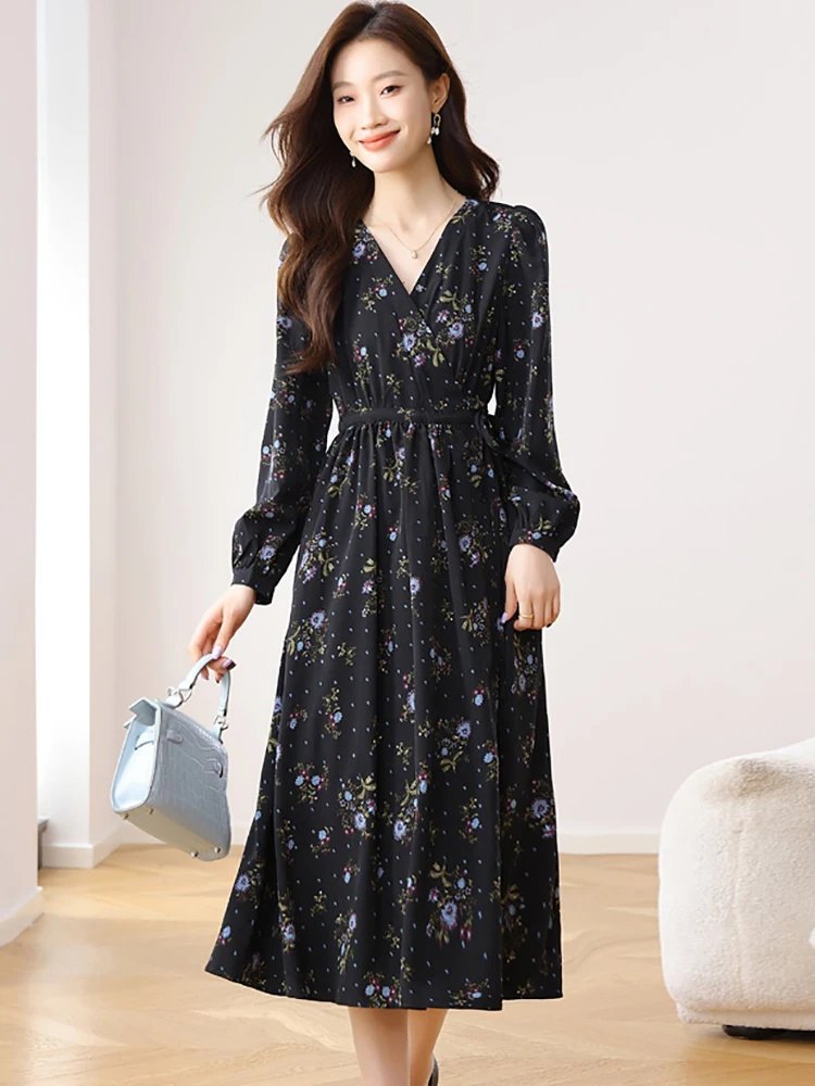 2025 negro Floral de manga larga con cuello en V vestido Midi mujeres Vintage Hepburn vestido de graduación primavera otoño coreano ceñido al cuerpo Festival Vestidos