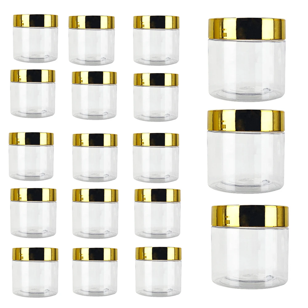 

20 шт./лот 30/50/60/80 мл баночки для хранения с золотыми крышками круглая канистра пустые пластиковые косметические банки для еды дорожная бутылка горшок