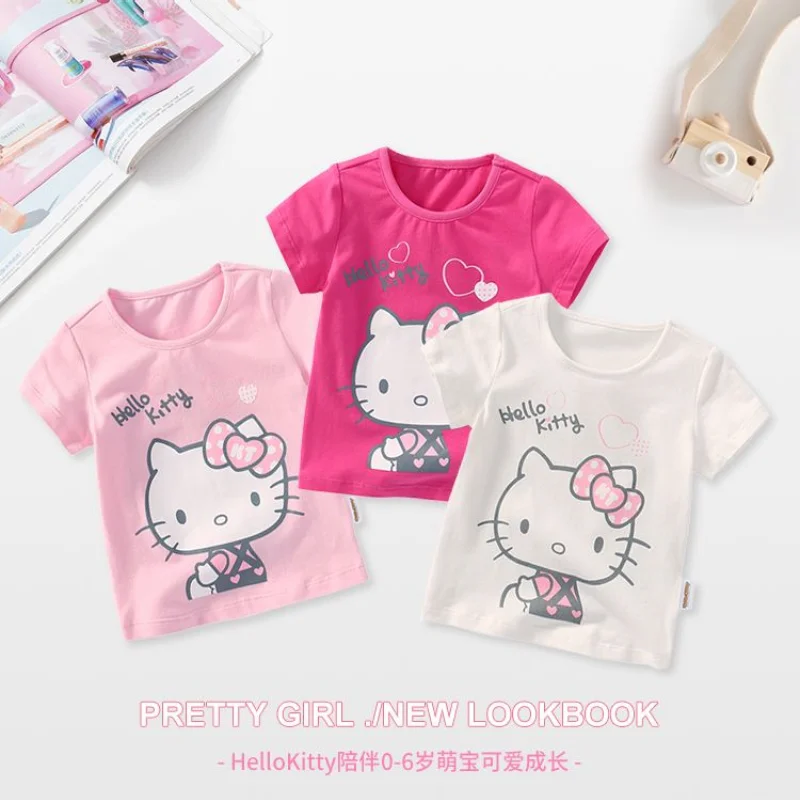 

Anime Sanrio Children Clothing Cute Hello Kitty Children Cotton T-Shirt Summer Cartoon Printing Loose Casual Short-Sleeved Tops