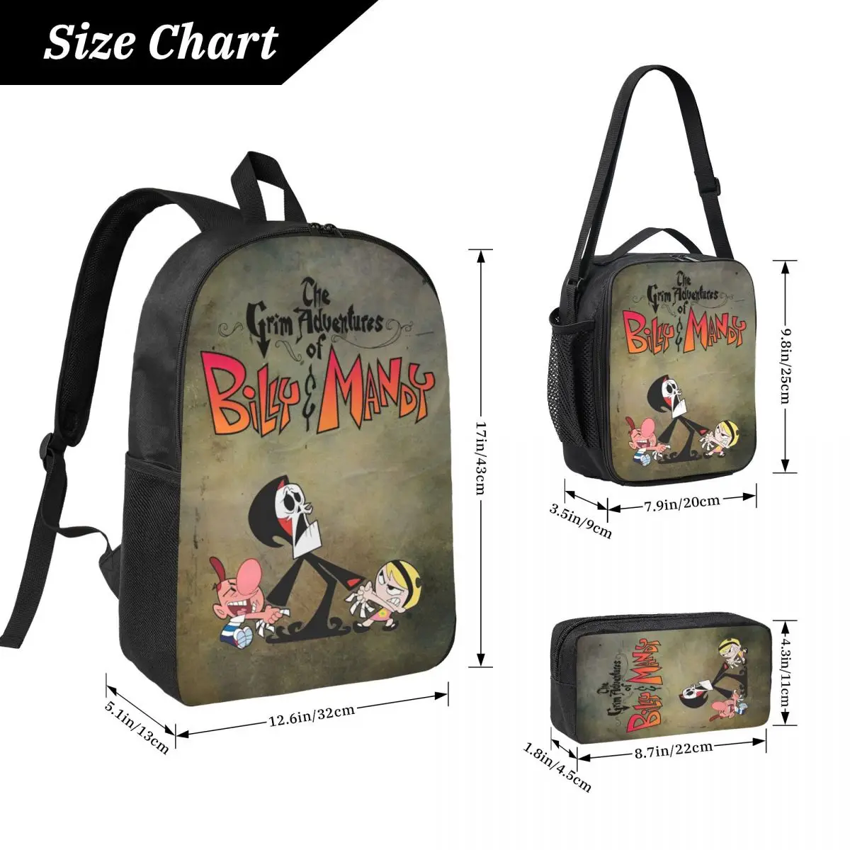 3Pcs Billy And Mandy Anime Cartoon Theme Backpack Set for Kids Pen Bags Bookbag Sets with Lunch Box For School Students Knapsack