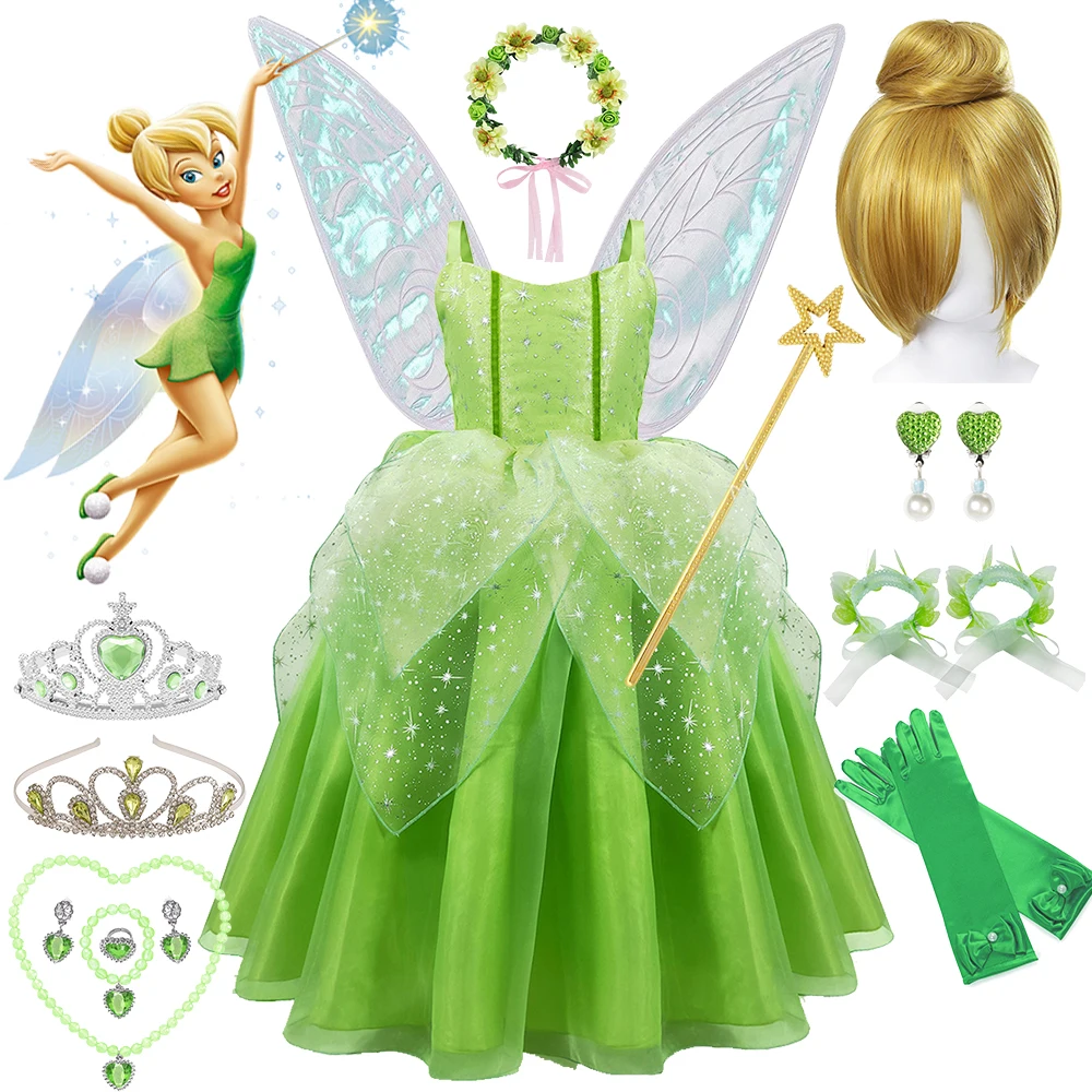 

Infant Tinker Bell Costume Toddler Disney Pixie Fairy Dress with Wings Headband Wand Toddler Girls Elf Green Princess Vestidos