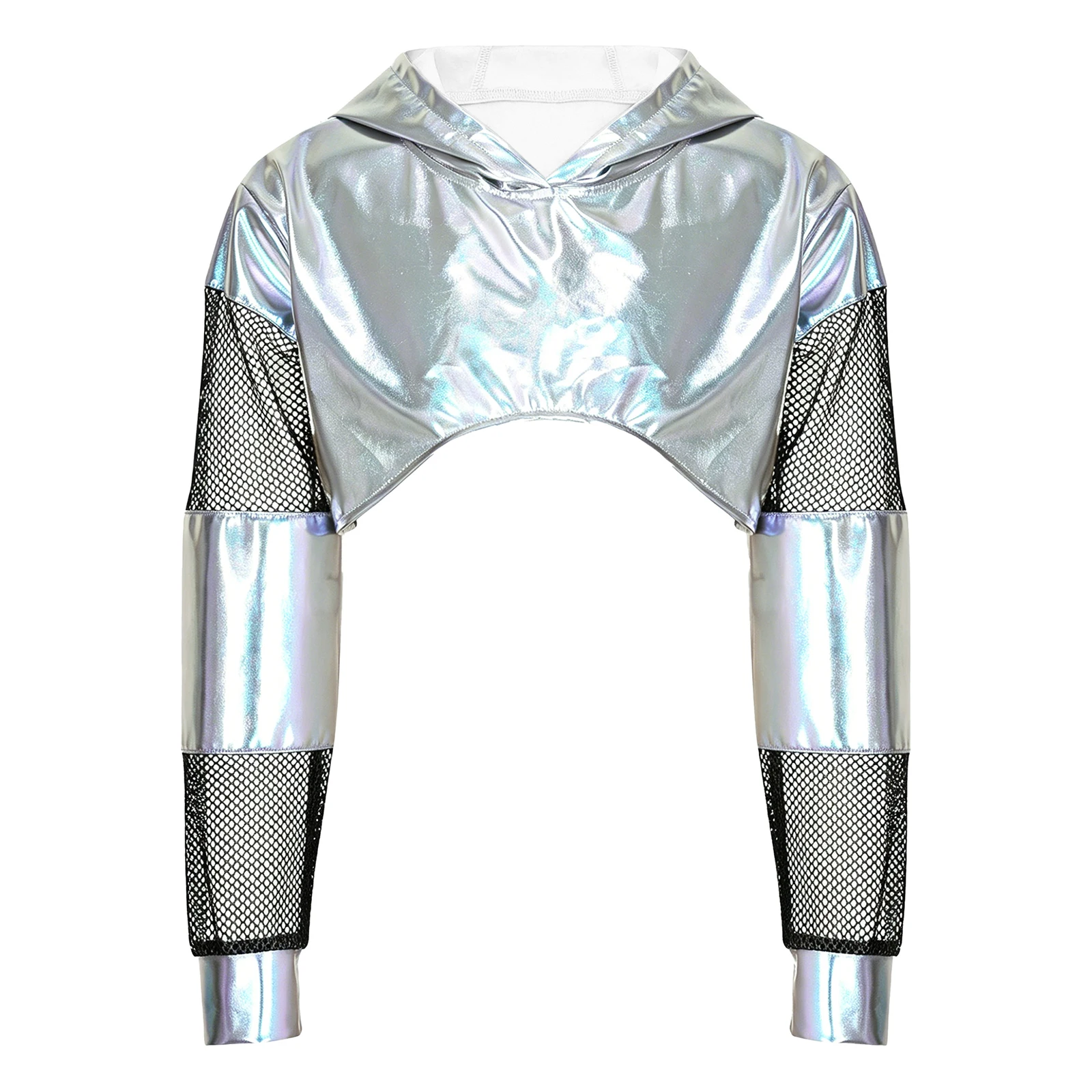Kinder Mädchen Metallic Hoodie Hip-Hop Jazz Dance Performance Kostüm Mesh Patchwork Langarm Kapuzenpullover Crop Top Sweatshirt – Detail 6