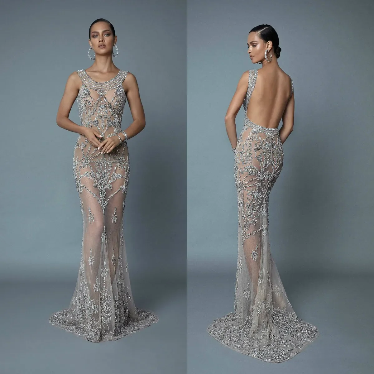 

Women Evening Dresses Jewel Sleeveless Lace Appliques Sequins Mermaid Prom Gowns Open Back Sweep Train Customized