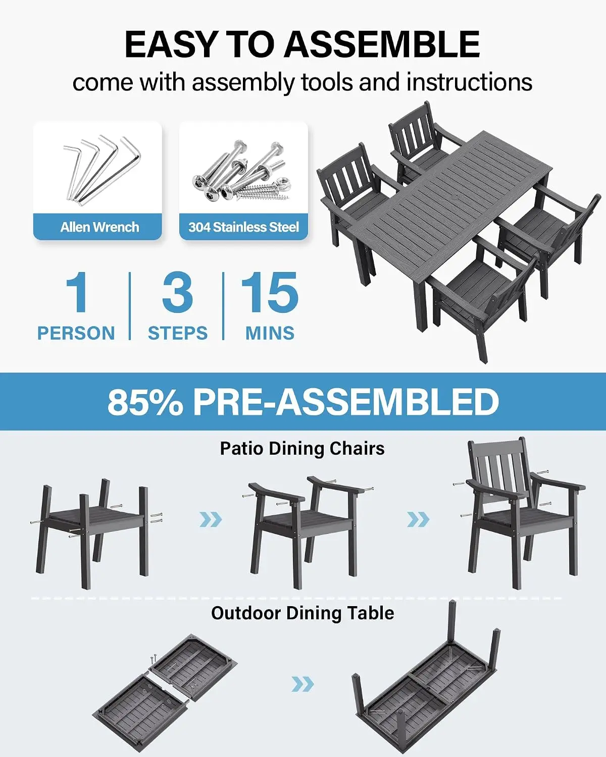 5-Piece Patio Dining Set, All-Weather HIPS & Aluminum Frame, Outdoor Garden Balcony, Gray, Customized