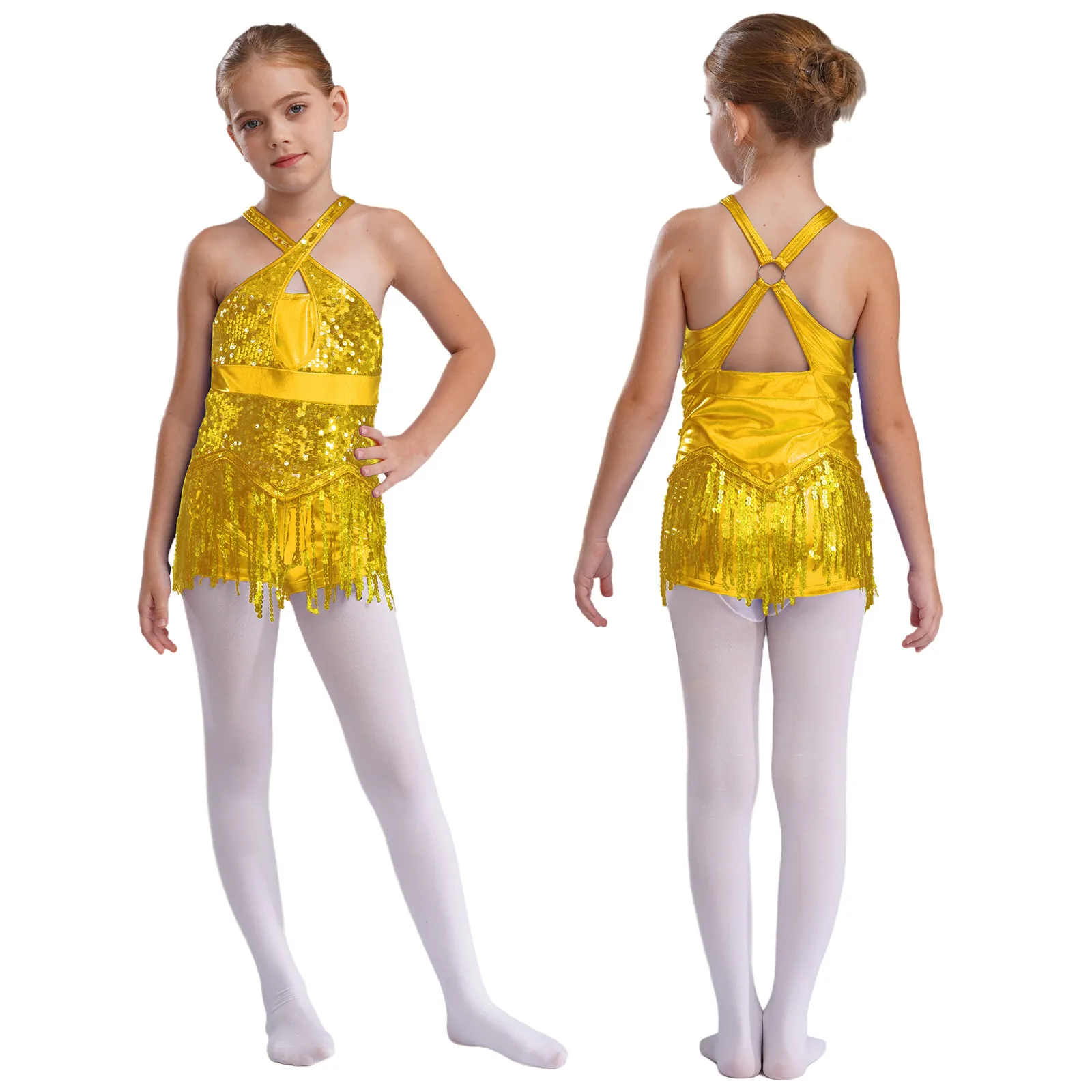 Girls Latin Jazz Dance Cha-Cha Rumba Samba Tango Performance Costume Sleeveless Sequins Tassel Leotard Dress Party Dancewear
