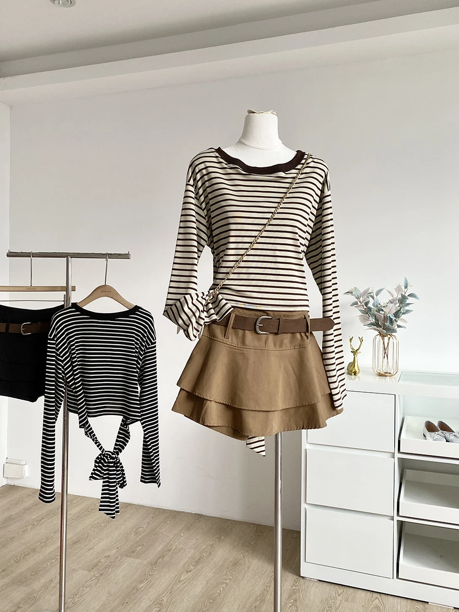 

2025 Autumn New Style Korean Simple Casual Design Striped Long Sleeve T-Shirt Slim Fit Versatile Skirt Women's Fashion Set