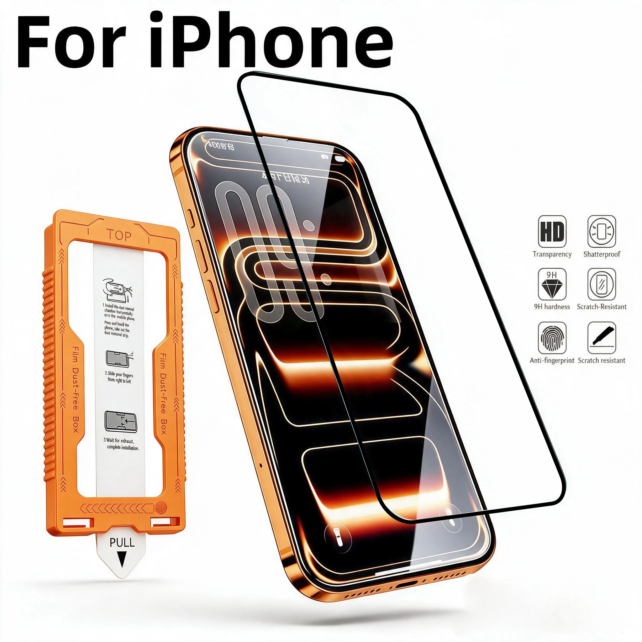 Pellicola protettiva per lo schermo di iPhone 18 Pro, 17, 16 Pro Max, vetro temperato 9H, installazione senza polvere, trasparente, copertura completa.