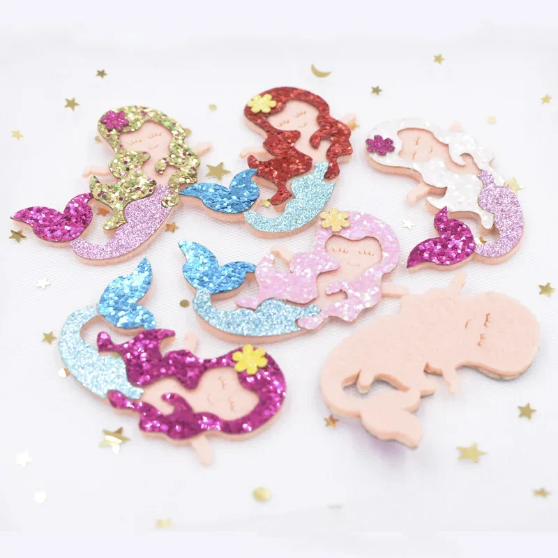 6CM Glitter Fabric Appliques Cartoon Mermaid Nonwoven Padded Patches for Wall Hat Stickers DIY Hair Clips Decor Accessories