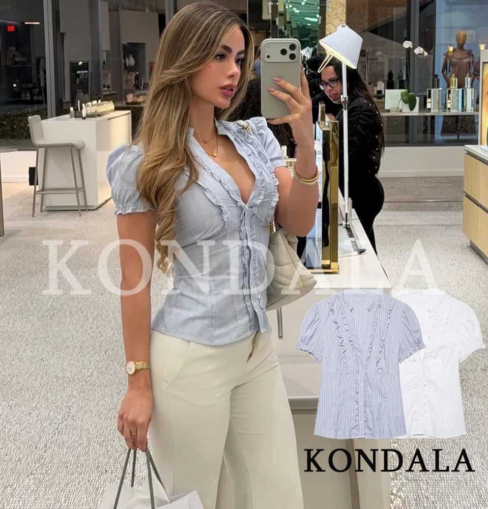 

KONDALA Women Chic Slim Short Sleeve Shirt New 2026 Summer Fashion High Street Commute Shirts Lady Casual Layered V-Neck Shirts