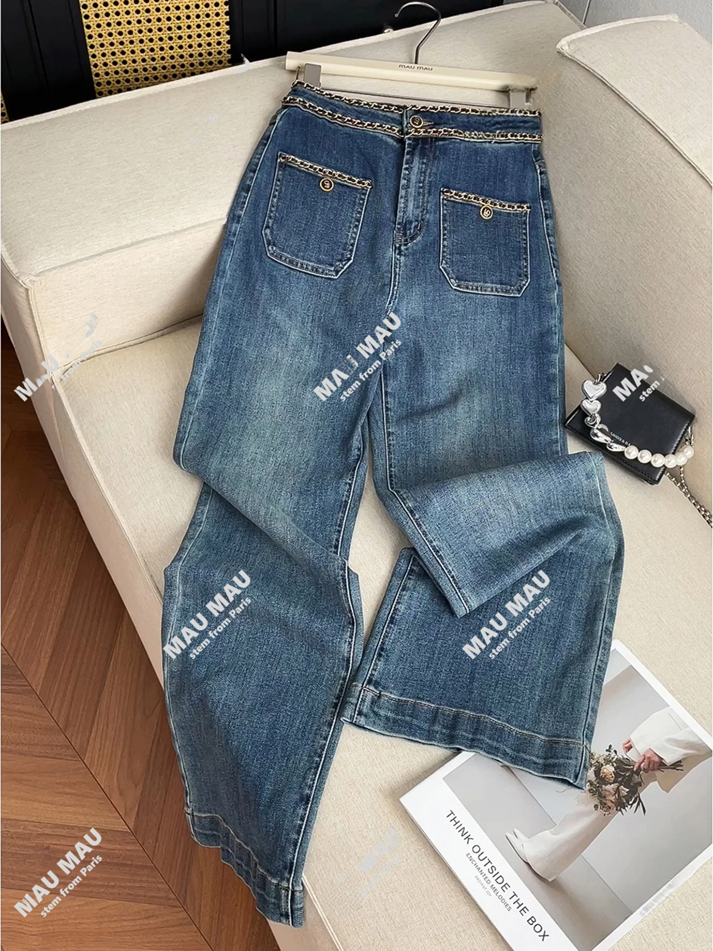 

Джинсы женские летние с высокой талией, широкими штанинами, синие, с принтом-цепочкой, повседневные, длинные, премиум-класса, в стиле South Oil