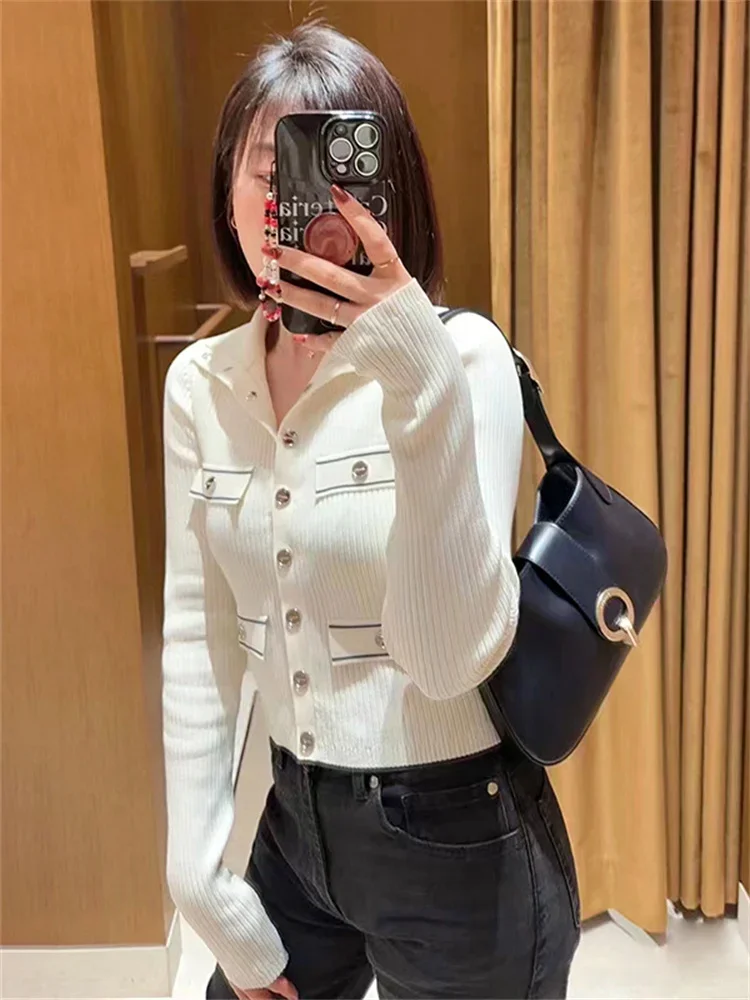 

Women White Cardigan Ribbed Turtleneck Single Breasted Long Sleeve Casual Knit Sweater