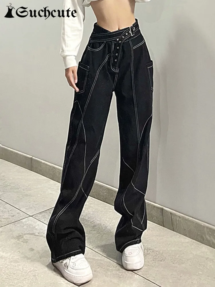 SUCHCUTE Gothic Black Wide Leg Jeans With Belt Women Dark Academic Denim Trousers Hip Hop Streetwear Grunge Fairycore Punk Pants