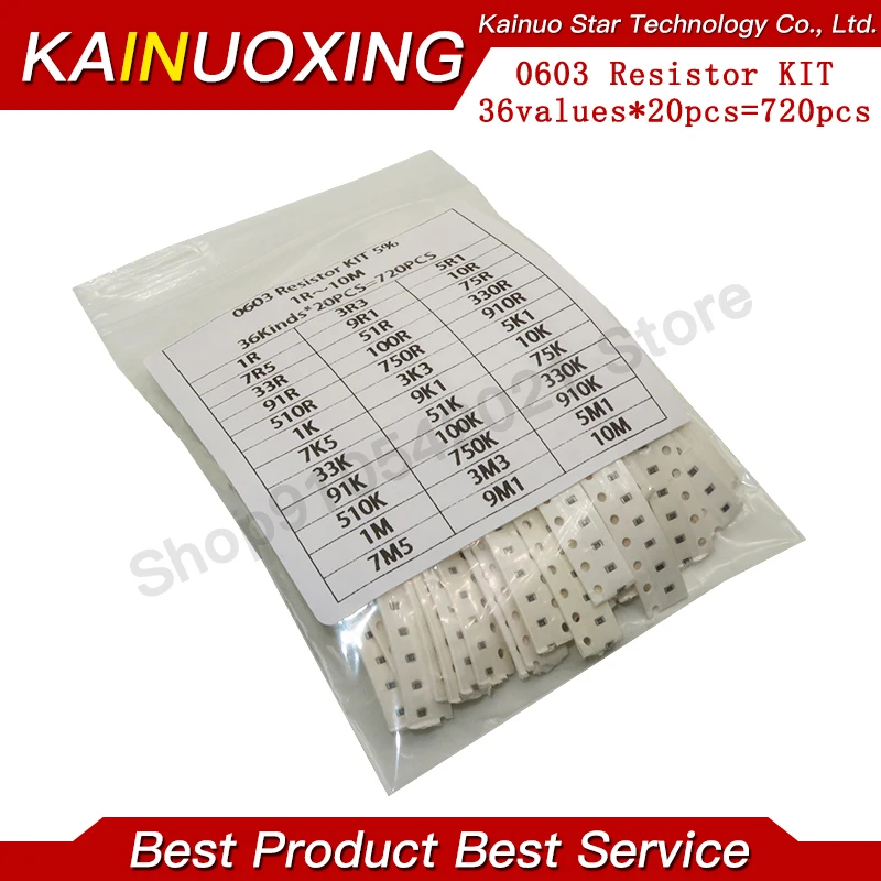 36Value * 20pcs =720pcs 0603 0805 1206 SMD Resistor Kit 1/4W 0.25W 5% 1 ohm~10 Mohm component diy kit new and original