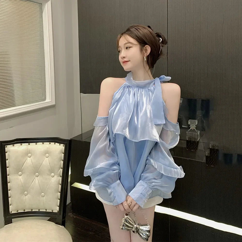 Korean Elegant Ladies Tops Shoulderless Chiffon Solid Ruffle Shirts Long Puff Sleeves 2023 Summer Hollow Loose Bandage Blouses