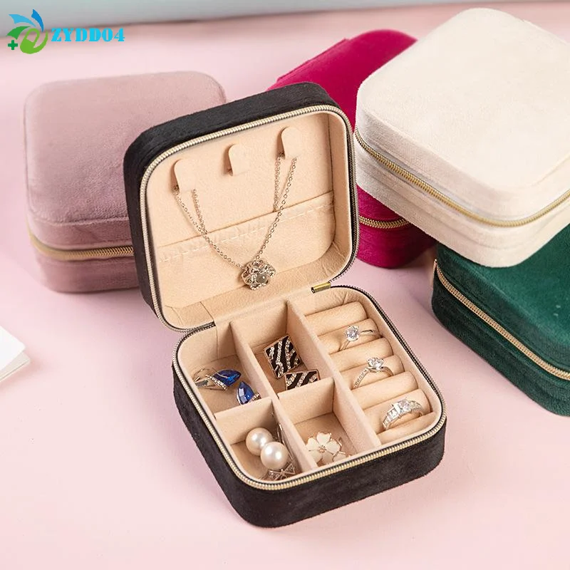

●1PCS Square Velvet Jewelry Box For Women Necklace Ring Earrings Organizer Holder Travel Portable Zipper Jewelry Storage Case