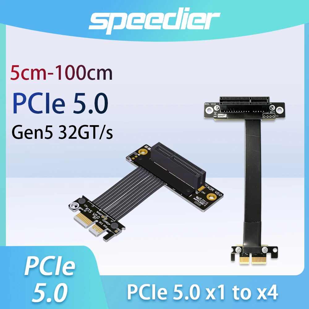 PCI Express 5.0 X1 To X4 Extension Riser Cable Thin Flat Wire, 90°/180°/270 Degree Angled Custom 3cm–100cm PCIe Ribbon Extender