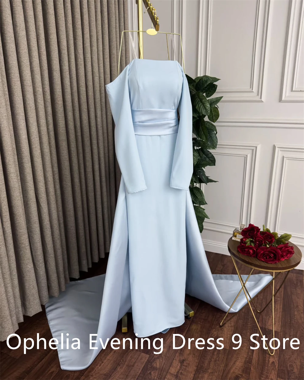 Customized Temperament Blue Jersey Evening Dress Exquisite Strapless Off the Shoulder Long Sleeves  Bespoke Occasion Gowns image 5