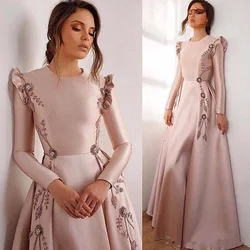 Gorgeous O-Neck Long Sleeves Pink Evening Dresses Chic Beads Flowers A-Line Gowns Sweep Train Prom Wedding Party Dresses