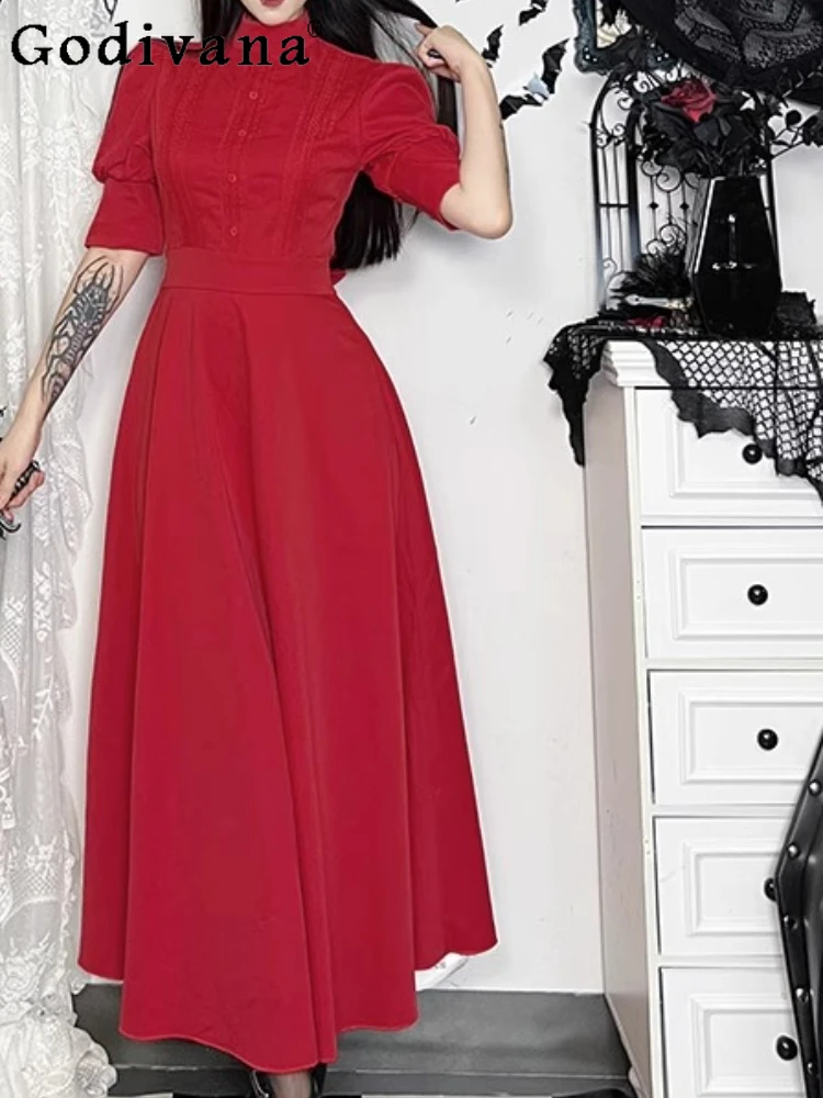 

Halloween Spring Autumn Versatile Age Reduction Red Slim Short Sleeve Dress Women High Waist A-line Dark Style Long Dresses
