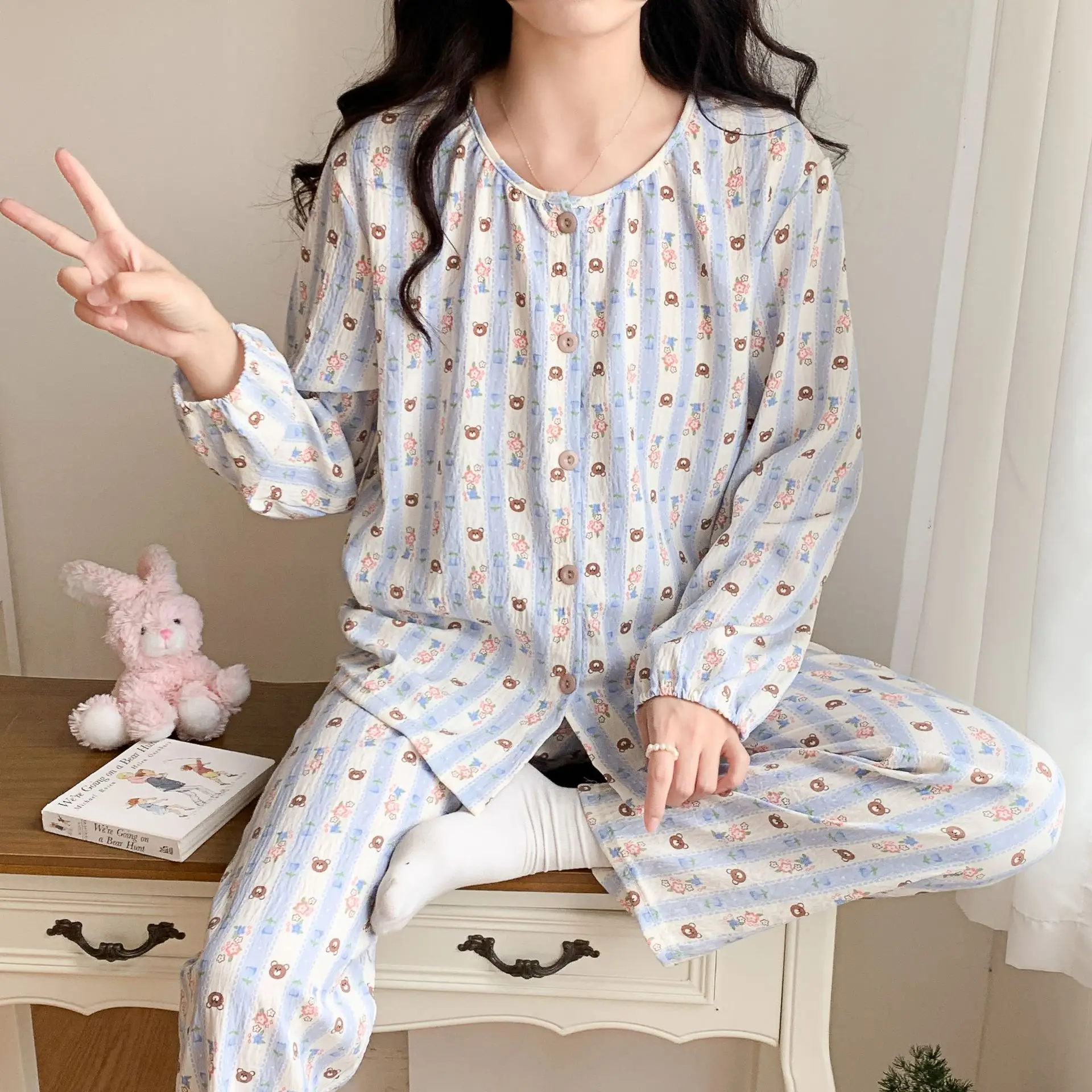 New Pajamas Loungewear Set Women\'s Spring and Autumn Clouds Cotton Dopamine Long Sleeve Loose Sweet Cute Loungewear Set