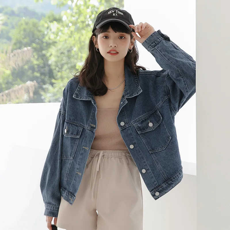 

Blue Denim Jacket Women Japanese and Korean Fashion Retro Sweet Cute Loose Lapel Single-breasted Y2k Top Jeans Jacket Coat Women