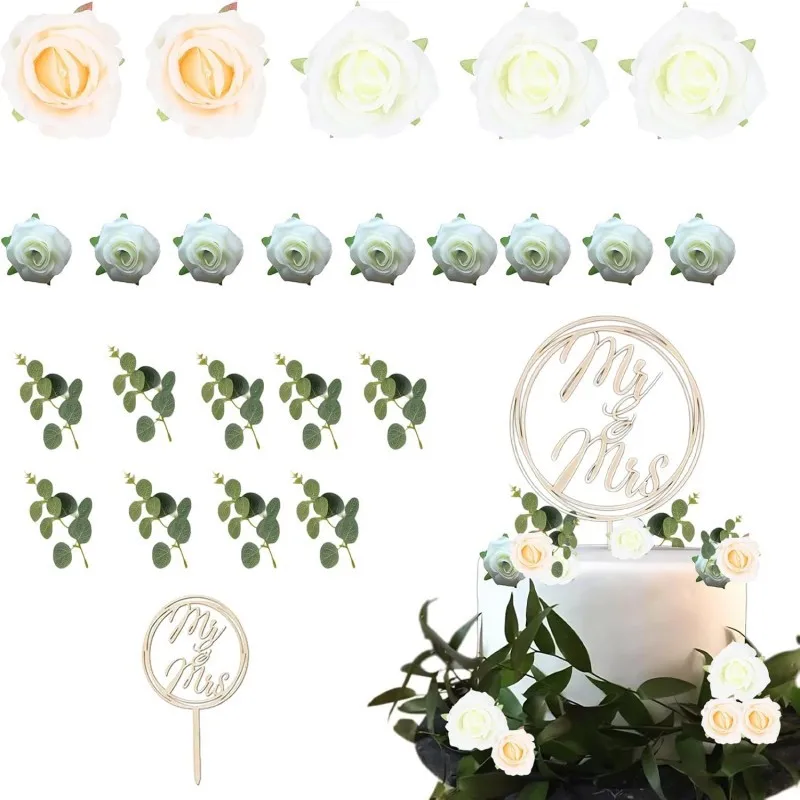 

【Artificial Rose Cake Topper Set】Woodland Themed Decorations, Realistic Fake Flowers for Forest Party, Wedding, Birthday Scene