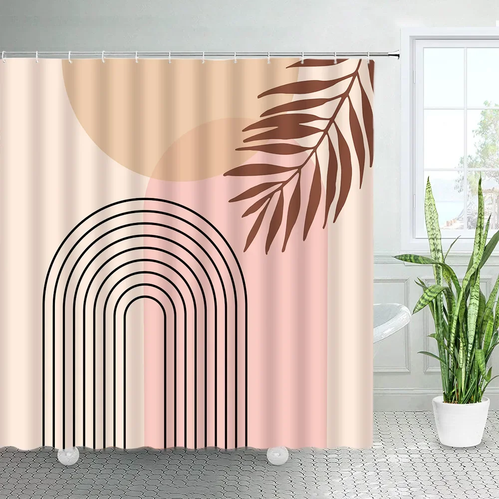 Abstract Mid Century Shower Curtain Modern Boho Black Lines Leaves Geometric Creative Art Cloth Bathroom Decor Bath Curtains Set