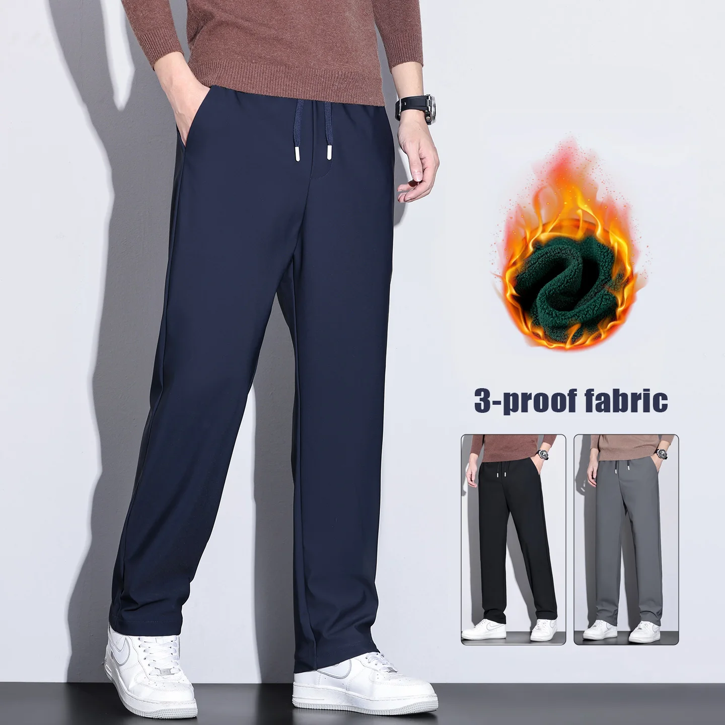 Winter Warm Fleece Men's Casual Pants Solid Color Stretch Elastic Waist Jogger Outdoors Polyamide Fibre Trousers Male Plus Size