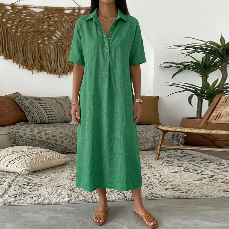 Neues Sommerkleid für Damen mit Umlegekragen, Kurzarm, Knopfleiste, Hemdkleid, lässig, einfarbig, locker, Strandkleid, Urlaubskleid, Midikleid