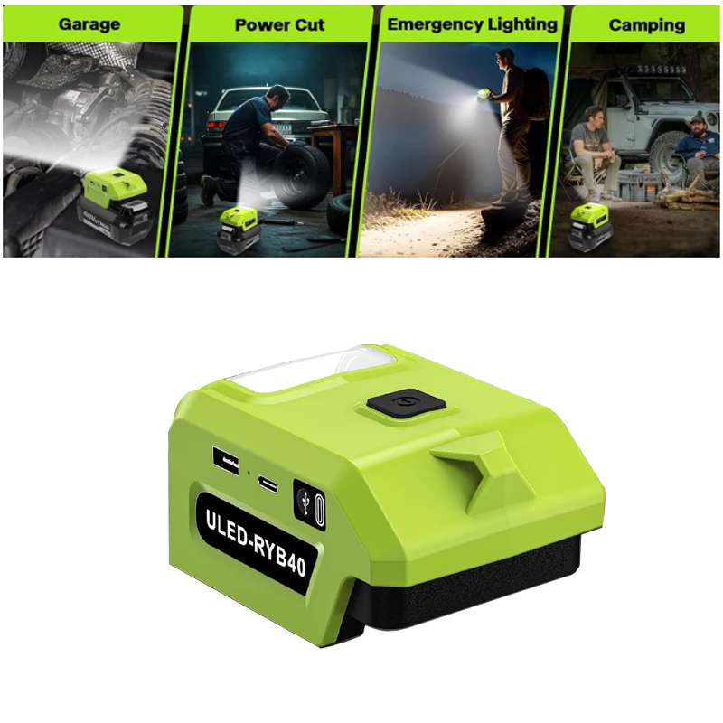 LED Work Light for Ryobi 40V Battery 5W Flashlight Spotlight Power Adapter Connector with USB and Type-C Charging Interface